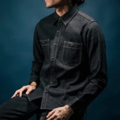 12oz Selvedge Denim Work Shirt With Snaps - Black/Cream -Denim Clothing-Iron Heart International IHSH 326 BLK 2
