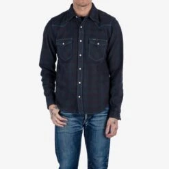 Ultra Heavy Flannel Blanket Check Western Shirt - Sax Blue Overdyed Black