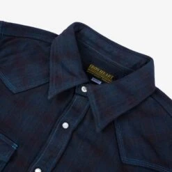 Ultra Heavy Flannel Blanket Check Western Shirt - Sax Blue Overdyed Black -Denim Clothing-Iron Heart International IHSH 333 OD 3