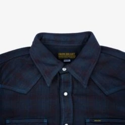 Ultra Heavy Flannel Blanket Check Western Shirt - Sax Blue Overdyed Black -Denim Clothing-Iron Heart International IHSH 333 OD 4