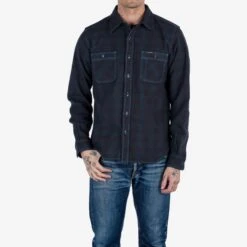 Ultra Heavy Flannel Blanket Check Work Shirt - Sax Blue Overdyed Black