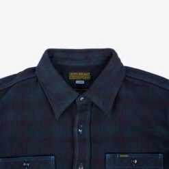 Ultra Heavy Flannel Blanket Check Work Shirt - Sax Blue Overdyed Black -Denim Clothing-Iron Heart International IHSH 339 OD 4