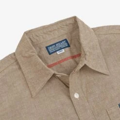 10oz Selvedge Chambray Work Shirt - Khaki -Denim Clothing-Iron Heart International IHSH 344 KHA 5