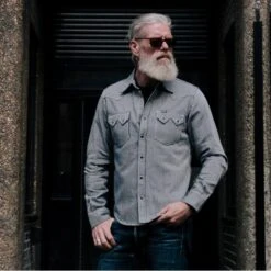 8oz Herringbone Hickory Stripe Sawtooth Western Shirt - Indigo -Denim Clothing-Iron Heart International IHSH 365 IND 3