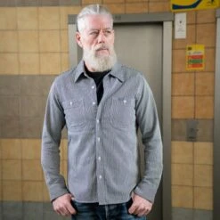 8oz Herringbone Hickory Stripe Work Shirt - Indigo -Denim Clothing-Iron Heart International IHSH 366 IND 3