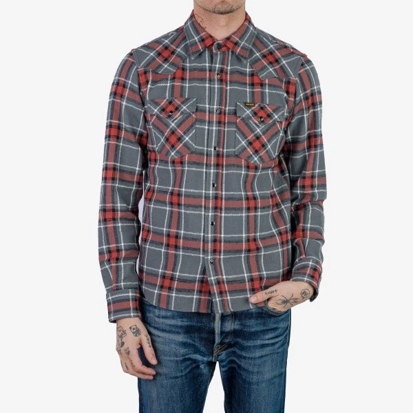12oz Slubby Heavy Flannel Herringbone Check Western Shirt - Grey 4 12oz Slubby Heavy Flannel Herringbone Check Western Shirt - Grey - Image 2