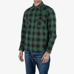 Ultra Heavy Flannel Ombré Check Western Shirt - Green