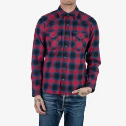 Ultra Heavy Flannel Ombré Check Western Shirt - Red -Denim Clothing-Iron Heart International IHSH 373 RED 1