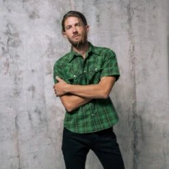 5oz Selvedge Short Sleeved Western Shirt - Green Vintage Check 15 5oz Selvedge Short Sleeved Western Shirt - Green Vintage Check -Denim Clothing-Iron Heart International IHSH 386 GRN 2
