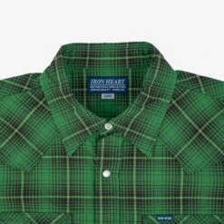 5oz Selvedge Short Sleeved Western Shirt - Green Vintage Check 18 5oz Selvedge Short Sleeved Western Shirt - Green Vintage Check -Denim Clothing-Iron Heart International IHSH 386 GRN 5