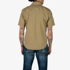 7oz Fatigue Cloth Short Sleeved Western Shirt - Khaki -Denim Clothing-Iron Heart International IHSH 387 KHA 1