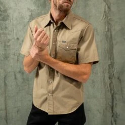 7oz Fatigue Cloth Short Sleeved Western Shirt - Khaki -Denim Clothing-Iron Heart International IHSH 387 KHA 2
