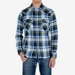 9oz Selvedge American Check Western Shirt - Blue -Denim Clothing-Iron Heart International IHSH 390 BLU 1