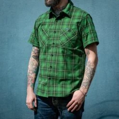 5oz Selvedge Short Sleeved Work Shirt - Green Vintage Check -Denim Clothing-Iron Heart International IHSH 392 GRN 2