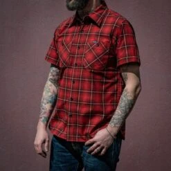 5oz Selvedge Short Sleeved Work Shirt - Red Vintage Check 14 5oz Selvedge Short Sleeved Work Shirt - Red Vintage Check -Denim Clothing-Iron Heart International IHSH 392 RED 2