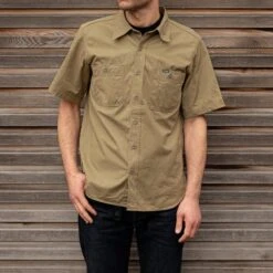 7oz Fatigue Cloth Short Sleeved Work Shirt - Khaki -Denim Clothing-Iron Heart International IHSH 393 KHA 2