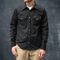 7oz Fatigue Cloth Western Shirt - Black -Denim Clothing-Iron Heart International IHSH 394 BLK 2