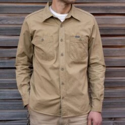 7oz Fatigue Cloth Work Shirt - Khaki -Denim Clothing-Iron Heart International IHSH 395 KHA 2