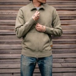 14oz Ultra Heavyweight Loopwheel Cotton Zip Up Sweater - Olive Green -Denim Clothing-Iron Heart International IHSW 11 OLV 2