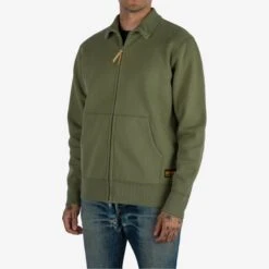 14oz Ultra Heavyweight Loopwheel Cotton Zip Up Sweater - Olive Green