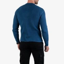 Waffle Knit Long Sleeved Thermal Henley - Indigo Dyed -Denim Clothing-Iron Heart International IHTL 1213 IND 1