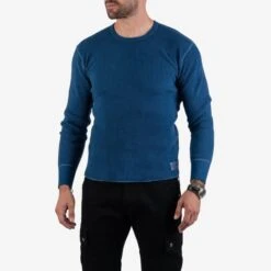 Waffle Knit Long Sleeved Crew Neck Thermal Top - Indigo Dyed