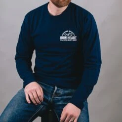 7.5oz Printed Loopwheel Crew Neck Long Sleeved T-Shirt - Navy -Denim Clothing-Iron Heart International IHTL 2302 NAV 2