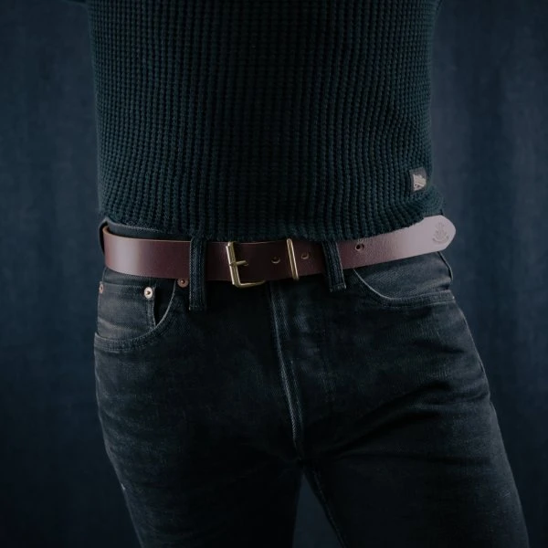 OGL Single Prong Brass Roller Buckle Leather Belt - Hand Dyed Brown 3 OGL Single Prong Brass Roller Buckle Leather Belt - Hand Dyed Brown