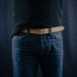 OGL Single Prong Brass Roller Buckle Leather Belt - Natural