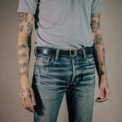 OGL Square Brass ‘Prongless’ Buckle Leather Belt - Hand Dyed Black