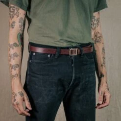 OGL Square Brass ‘Prongless’ Buckle Leather Belt - Hand Dyed Brown