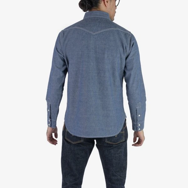 10oz Selvedge Chambray Single Yoke Western Shirt - Blue 4 10oz Selvedge Chambray Single Yoke Western Shirt - Blue - Image 2