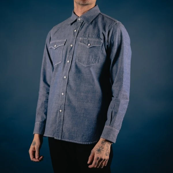 10oz Selvedge Chambray Single Yoke Western Shirt - Blue 5 10oz Selvedge Chambray Single Yoke Western Shirt - Blue - Image 3