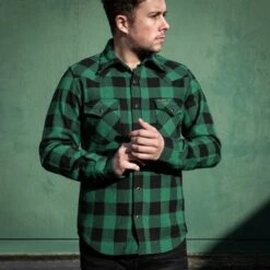 Ultra Heavy Flannel Buffalo Check Western Shirt - Green/Black -Denim Clothing-Iron Heart International ihsh 232 grn 2