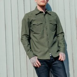13oz Military Serge Western Shirt - Olive Drab Green -Denim Clothing-Iron Heart International ihsh 235 olv 2