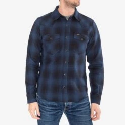 Ultra Heavy Flannel Ombré Check Western Shirt - Navy/Black