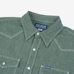 10oz Mock Twist Selvedge Chambray Western Shirt - Green -Denim Clothing-Iron Heart International ihsh 289 grn 3