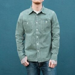 10oz Mock Twist Selvedge Chambray Work Shirt - Green 'The Salt And Jalapeño' -Denim Clothing-Iron Heart International ihsh 290 grn 2