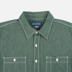 10oz Mock Twist Selvedge Chambray Work Shirt - Green 'The Salt And Jalapeño' -Denim Clothing-Iron Heart International ihsh 290 grn 3