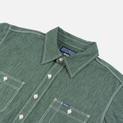 10oz Mock Twist Selvedge Chambray Work Shirt - Green 'The Salt And Jalapeño' -Denim Clothing-Iron Heart International ihsh 290 grn 4