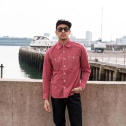 10oz Mock Twist Selvedge Chambray Work Shirt - Red -Denim Clothing-Iron Heart International ihsh 290 red 2