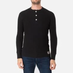 Waffle Knit Long Sleeved Thermal Henley - Black