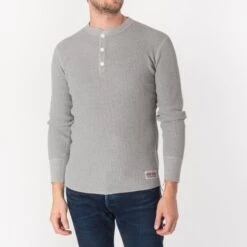 Waffle Knit Long Sleeved Thermal Henley - Grey
