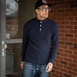 Waffle Knit Long Sleeved Thermal Henley - Navy -Denim Clothing-Iron Heart International ihtl 1213 nav 2