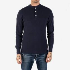 Waffle Knit Long Sleeved Thermal Henley - Navy