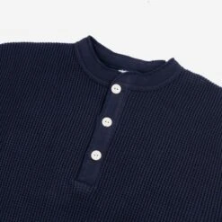 Waffle Knit Long Sleeved Thermal Henley - Navy -Denim Clothing-Iron Heart International ihtl 1213 nav 3