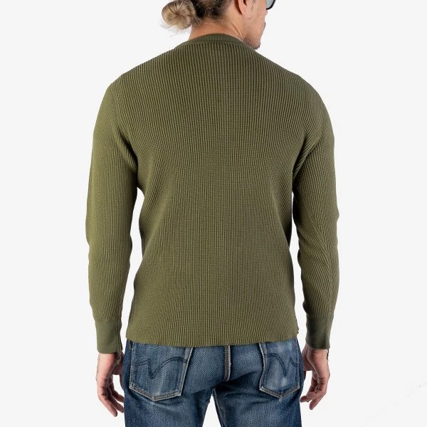 Waffle Knit Long Sleeved Thermal Henley - Olive 4 Waffle Knit Long Sleeved Thermal Henley - Olive - Image 2