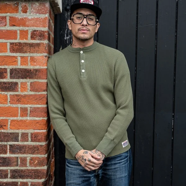 Waffle Knit Long Sleeved Thermal Henley - Olive 5 Waffle Knit Long Sleeved Thermal Henley - Olive - Image 3