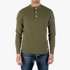 Waffle Knit Long Sleeved Thermal Henley - Olive