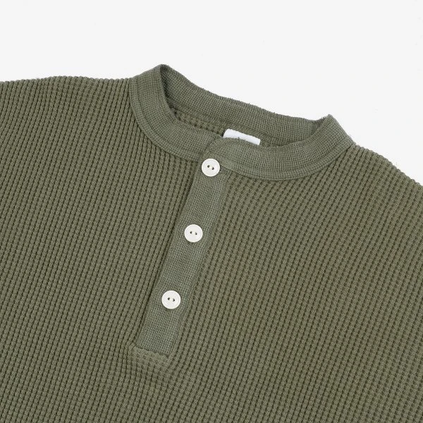Waffle Knit Long Sleeved Thermal Henley - Olive 6 Waffle Knit Long Sleeved Thermal Henley - Olive - Image 4